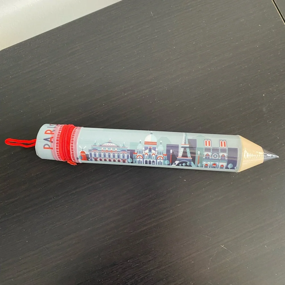 Pencil case with zipper Paris Themed. NWOT. Pencils shaped.